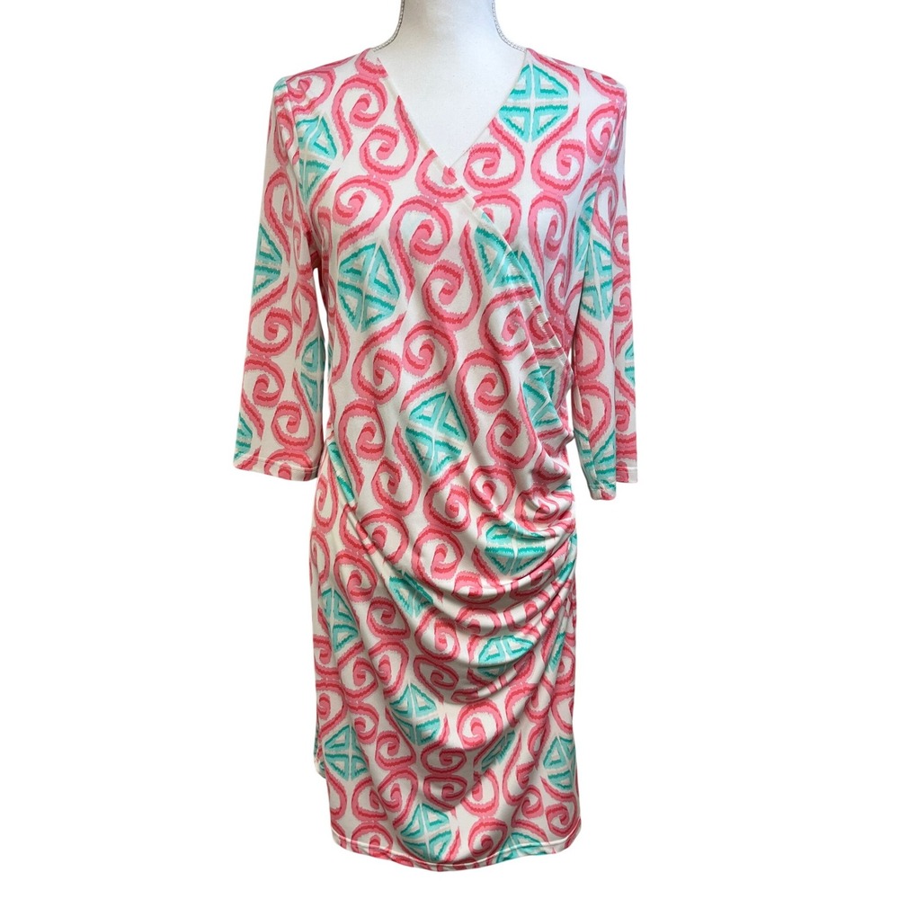 TRACY NEGOSHIAN Faux Wrap Dress Sz L Pink Travel‎ Preppy Summer Office Stretch
